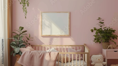 An empty square wooden frame above baby bed, kids room pastel colors.