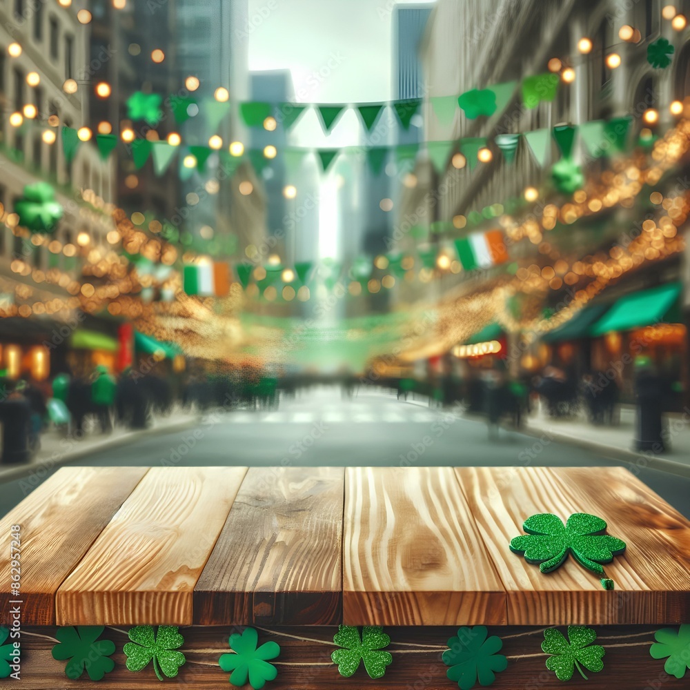 Wooden empty tabletop on blurred city street background with green holiday garlands and St. Wooden empty tabletop on blurred city street background with green holiday garlands and St.