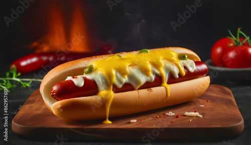 hot dog with ketchup and mozzarella cheese on daark background