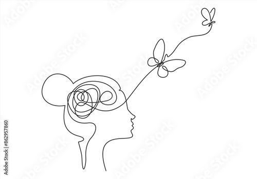Abstract face with butterfly one line drawing. Portrait minimalistic style. Surreal Faces Continuous line, drawing of set faces and hairstyle, fashion concept, woman beauty
