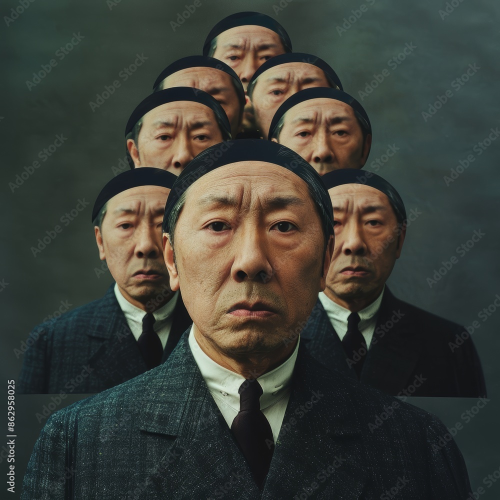 photograph of an Asian man with multiple faces inside his head photograph of an Asian man with multiple faces inside his head