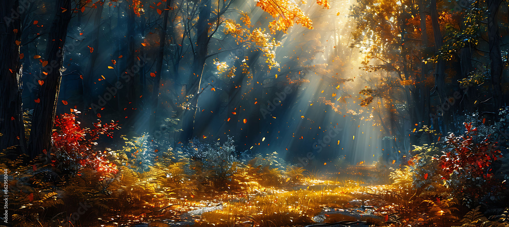 Obraz premium Ancient forest path covered in autumn leaves with sunbeams filtering through the dense canopy creating a mystical atmosphere