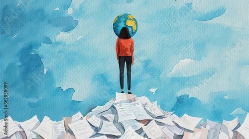 Person standing on a pile of debt papers with the globe on their back, financial strain, global debt crisis, economic burden photo