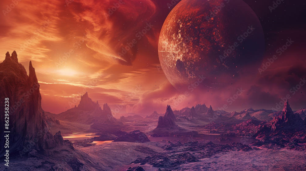 Fantasy alien world with a large planet, surreal rocky terrain, and ...