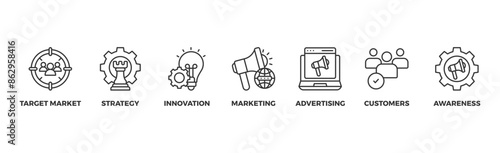 Brand banner web icon illustration concept with icon of target market, strategy, innovation, marketing, advertising, customers, and awareness