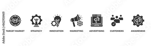 Brand banner web icon illustration concept with icon of target market, strategy, innovation, marketing, advertising, customers, and awareness
