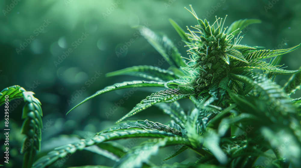 Green cannabis plant in macro view with intricate trichomes in a high detail 3D render, showcasing the vibrant green and realistic textures. Green cannabis plant in macro view with intricate trichomes in a high detail 3D render, showcasing the vibrant green and realistic textures.