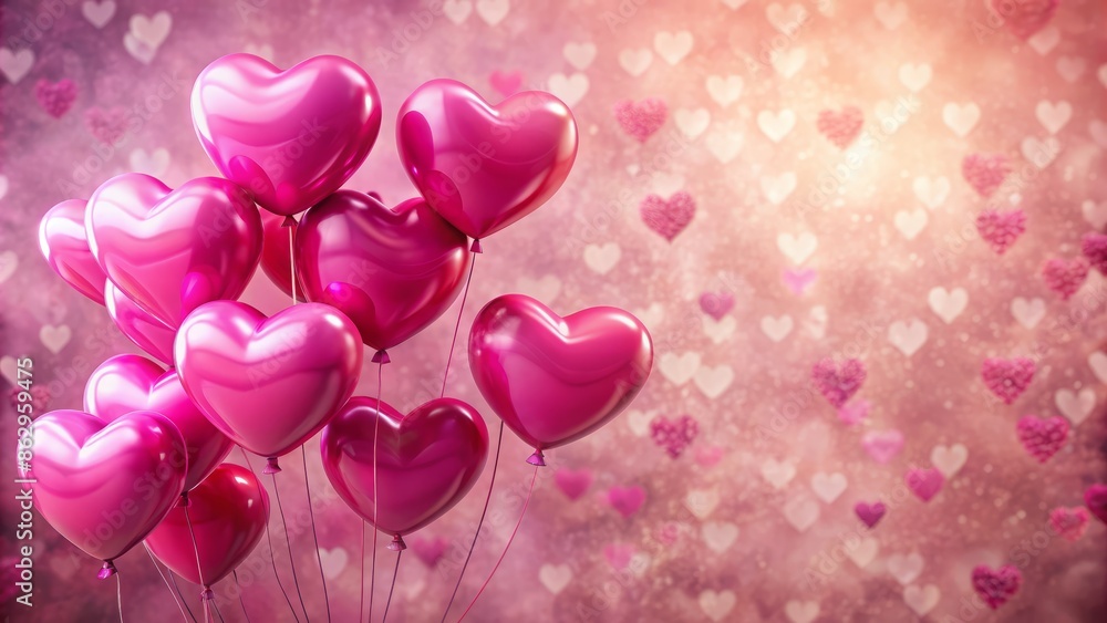 Vibrant pink heart-shaped balloons float against a soft pink textured wallpaper, creating a romantic and playful atmosphere, perfect for valentine's day celebratory designs. Vibrant pink heart-shaped balloons float against a soft pink textured wallpaper, creating a romantic and playful atmosphere, perfect for valentine's day celebratory designs.