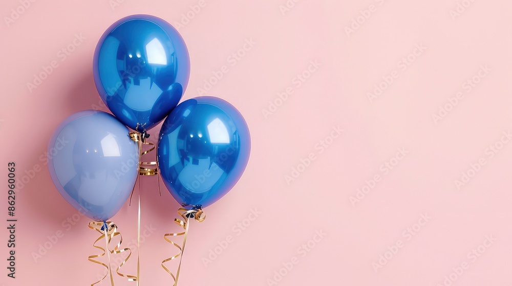 Blue gold foil balloons on a pastel pink background card with copy space. Generative AI Blue gold foil balloons on a pastel pink background card with copy space. Generative AI