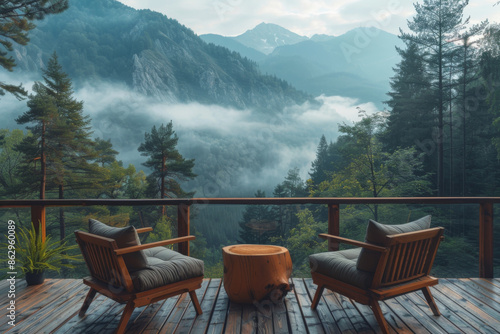 Mountain View from a Wooden Deck with Two Chairs