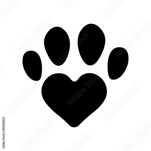 Heart shaped pet paw print vector logo design. Cat or dog paw print with 4 fingers and heartshapes base. Vet clinic logo clipart.