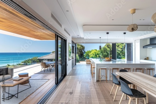 Modern living space with sleek kitchen and ocean balcony design concept for sea view
