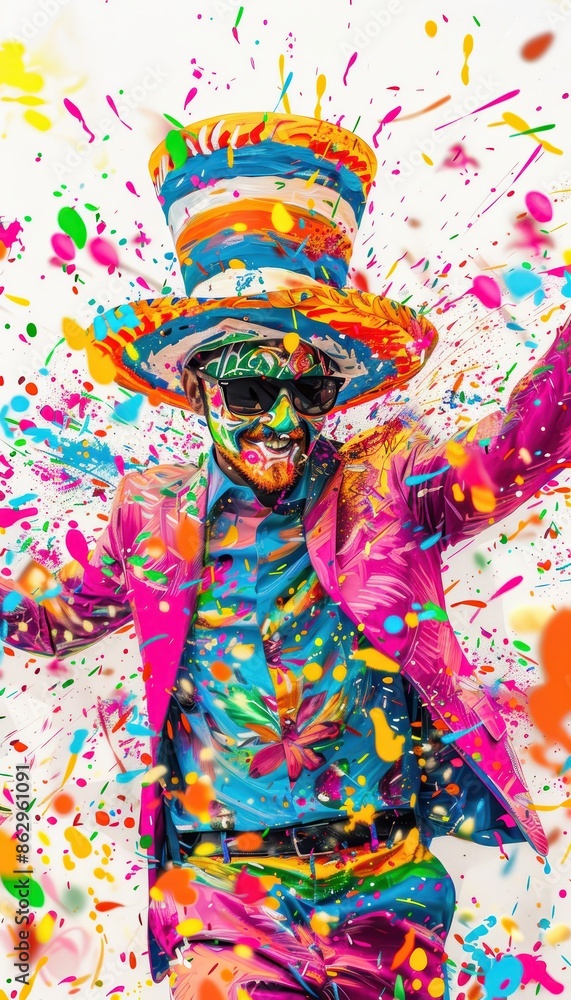 Fototapeta premium Colorful celebration with a person in a vibrant costume, covered in paint splashes and wearing a festive hat and sunglasses.