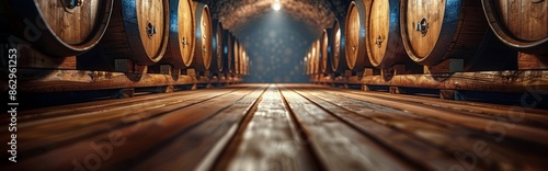 Rows of Wine Barrels in a Dark Cellar