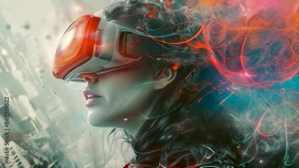 Close-up of a woman wearing a VR headset, immersed in a surreal virtual reality environment with dynamic and vibrant effects. Close-up of a woman wearing a VR headset, immersed in a surreal virtual reality environment with dynamic and vibrant effects.