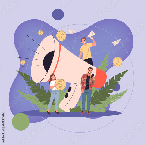 Business speaker shouting on megaphone vector illustration. Promoter attracting target buyers and clients. Promotion, marketing, and communication concept.