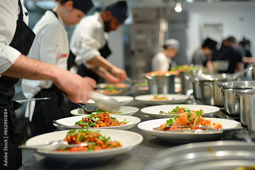 Chef led cooking class participants plate artistic vegetarian creations guided by expert chef Chef led cooking class participants plate artistic vegetarian creations guided by expert chef