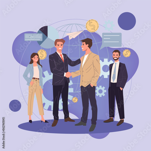 Global business partnership flat vector illustration. International teamwork, negotiation and success concept. Two partners shaking hands and making agreement.