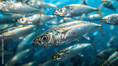 Large school of sardines swimming in unison, with a blue background.
