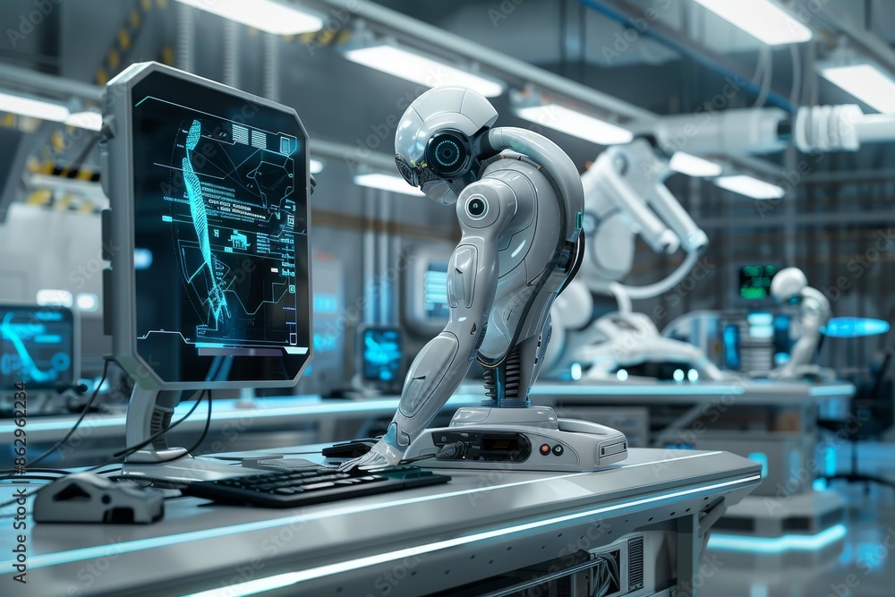 Fototapeta premium Futuristic ai enhanced workspace with robotic assistance for advanced operations