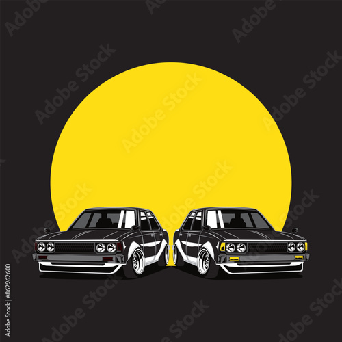 2 Corolla cars with a big moon background, vetor logo icon