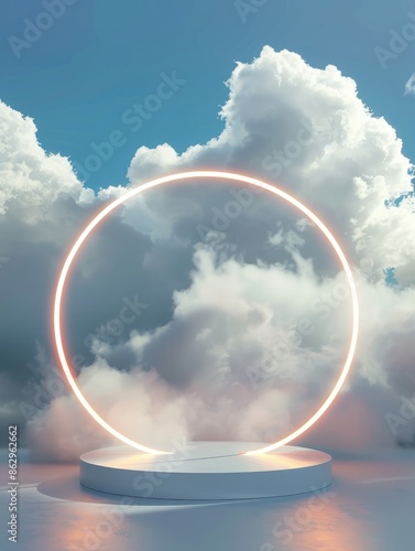 Neon podium product on cloud and sky background, geometric shape for product display presentation, podium, stage pedestal or platform, Promotion display, 3D. © PimPhoto