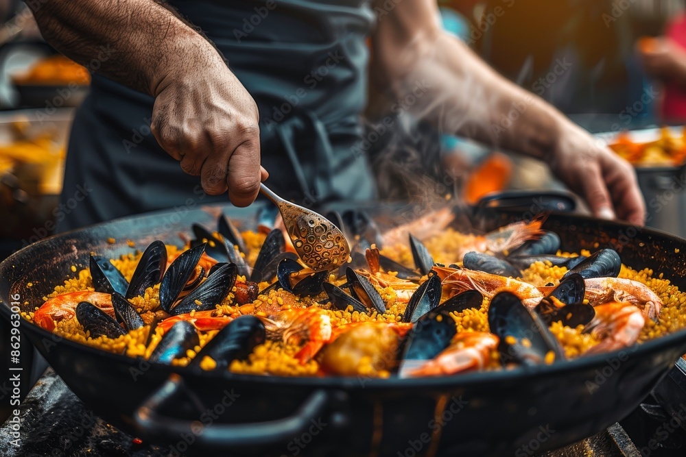 Fototapeta premium hands of a chef in a black apron preparing paella on a huge frying pan
