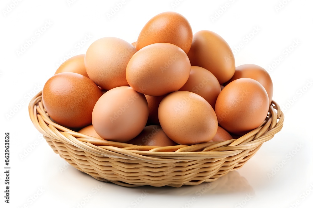 Stack of fresh chicken egg in basket wicker bamboo. Isolated on white background with copy space. Suitable for editing and used for food and nutrition Stack of fresh chicken egg in basket wicker bamboo. Isolated on white background with copy space. Suitable for editing and used for food and nutrition