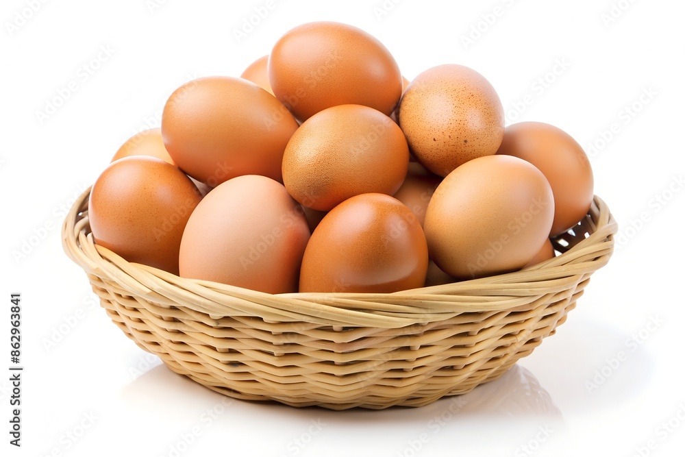 Stack of fresh chicken egg in basket wicker bamboo. Isolated on white background with copy space. Suitable for editing and used for food and nutrition Stack of fresh chicken egg in basket wicker bamboo. Isolated on white background with copy space. Suitable for editing and used for food and nutrition