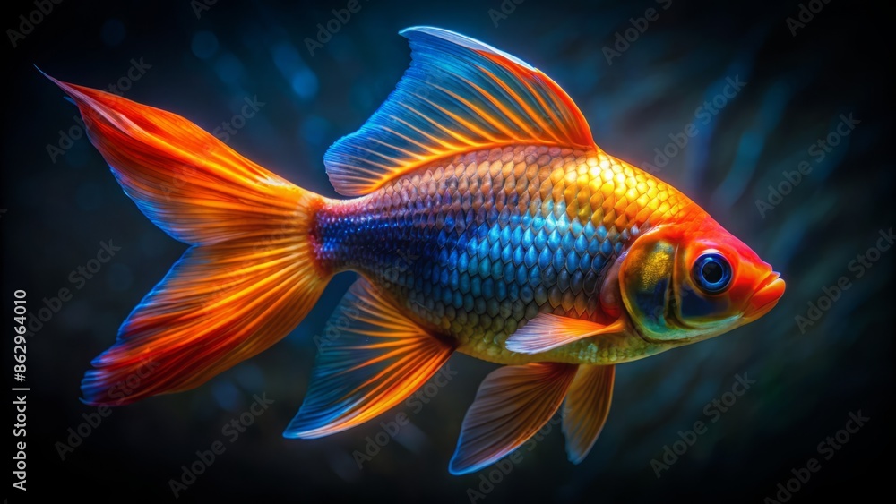 Vibrant orange and blue fish with yellow fins and scales swim alone on a dark mysterious black background with subtle water shadows. Vibrant orange and blue fish with yellow fins and scales swim alone on a dark mysterious black background with subtle water shadows.