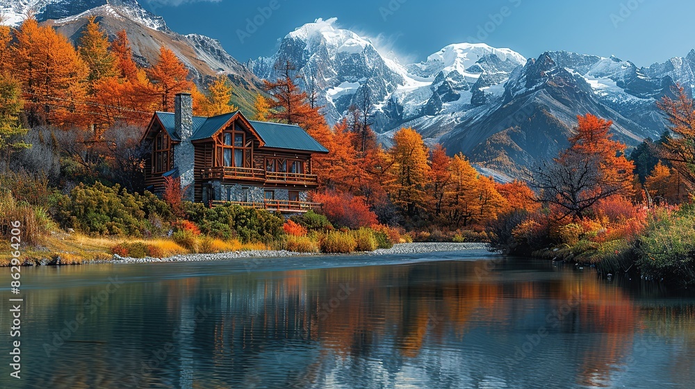 Fototapeta premium Cabin in Autumn Mountain Valley