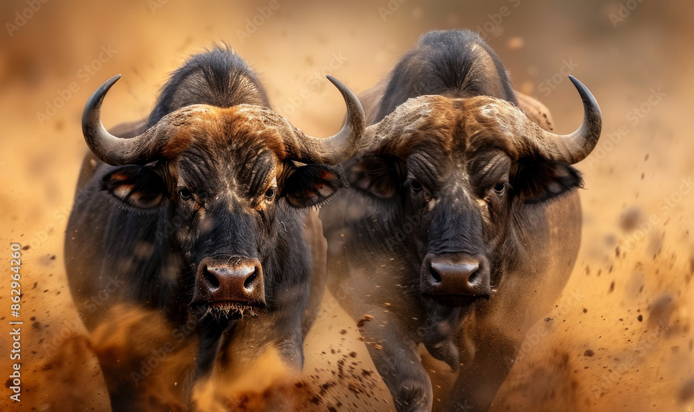 Two powerful buffaloes charge through a cloud of dust, showcasing their strength and determination in the wild. Two powerful buffaloes charge through a cloud of dust, showcasing their strength and determination in the wild.
