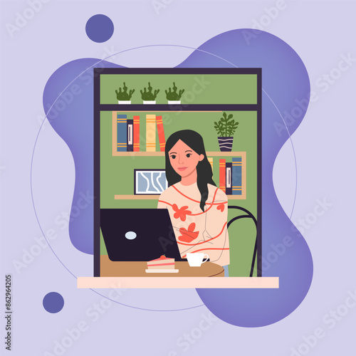 Open window with woman working on laptop at home vector illustration. Interior with bookshelves and plants. Work, daily routine, cafe concept