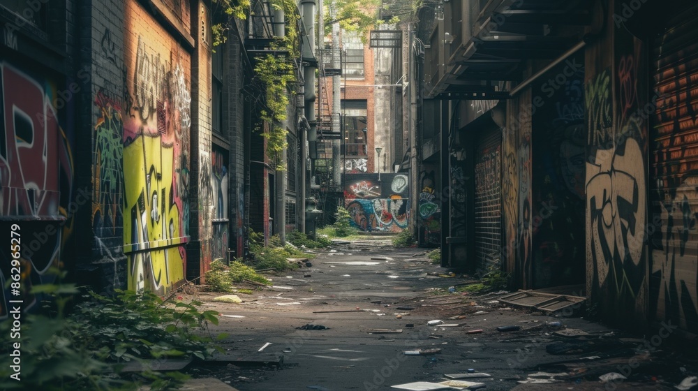 Fototapeta premium Dark vintage urban alley back yard with graffiti