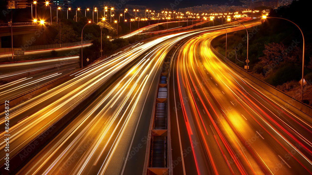 Traffic on highway at night, A long exposure photo of a highway at night Traffic on highway at night, A long exposure photo of a highway at night