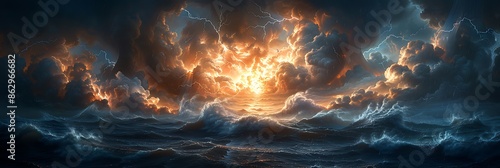 Dramatic clash of a thunderstorm over the ocean with lightning illuminating towering clouds and rough seas photo