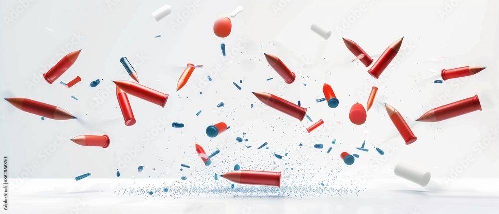 Red Pencils Falling Through Air in White Background Red Pencils Falling Through Air in White Background