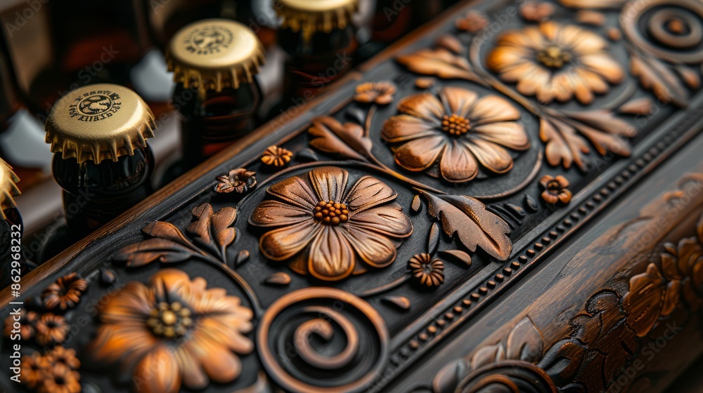Close-up of a beer label with intricate design and brewing details. Close-up of a beer label with intricate design and brewing details.