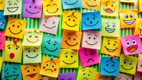 Vibrant sticky notes with varied mood faces and abstract hand-drawn emoji illustrations scattered on a bright background, conveying optimism and pessimism emotions.