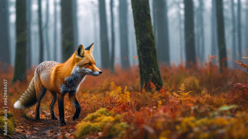 Fototapeta premium Fox prowls misty forest over cloudy landscape