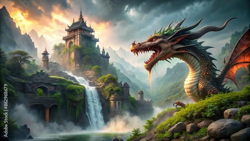 Majestic mythical dragon exhales powerful jet of water instead of fire, amidst misty atmospheric surroundings with lush greenery and ancient stone ruins. photo