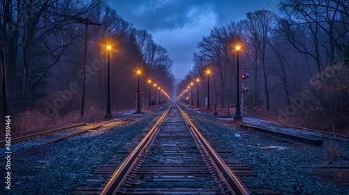 Empty railway track at dusk with street lights