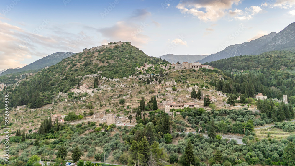 Fototapeta premium Aerial panoramic view of Sparta city with Taygetus mountains and ancient ruins remains in Peloponnese, Greece