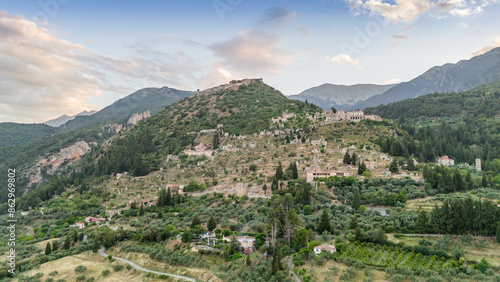 Aerial panoramic view of Sparta city with Taygetus mountains and ancient ruins remains in Peloponnese, Greece photo