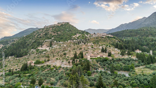 Aerial panoramic view of Sparta city with Taygetus mountains and ancient ruins remains in Peloponnese, Greece photo