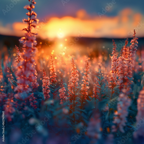 purple/pink flowers on the sunset; autumn/fall vibe background; meadow in the late summer / early fall; seasonal background, alternative to leaves