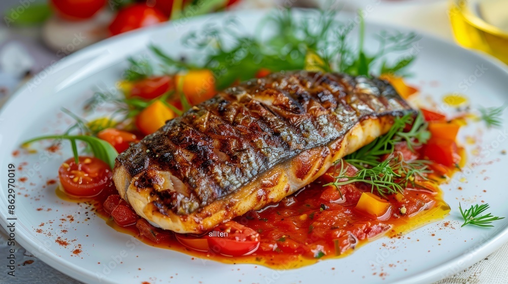 Grilled fish fillet with vegetables and sauce Grilled fish fillet with vegetables and sauce