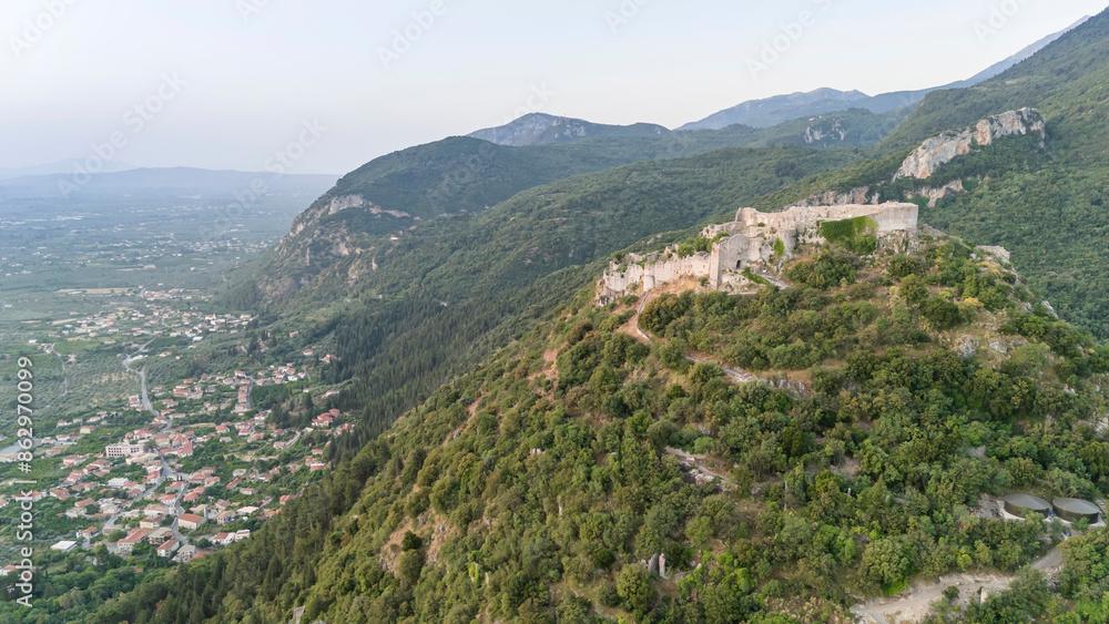 Aerial panoramic view of Sparta city with Taygetus mountains and ancient ruins remains in Peloponnese, Greece Aerial panoramic view of Sparta city with Taygetus mountains and ancient ruins remains in Peloponnese, Greece