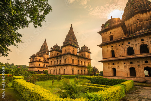 Royal Chhatris or Cenotaphs are the historical monuments situated on the banks of River Betwa in Orchha, Madhya Pradesh, India. photo