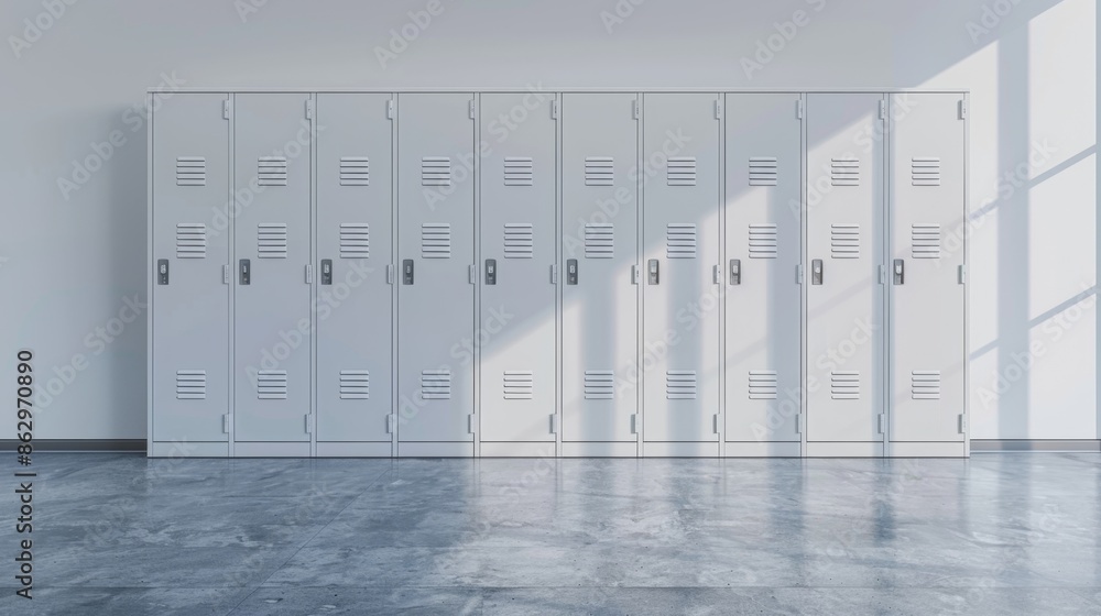 Row of Modern Metal Lockers in Sunlit Hallway, Generative AI Row of Modern Metal Lockers in Sunlit Hallway, Generative AI